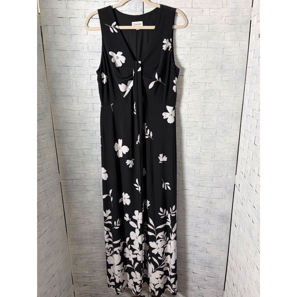 52seven Womens Dress Maxi Black White Floral V-Neck Sleeveless Jersey